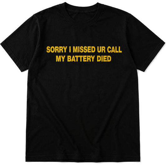 Archived Memories Sorry I Missed Your Call My Battery Died oversized black T-shirt, centered at uniform scale on pure white background