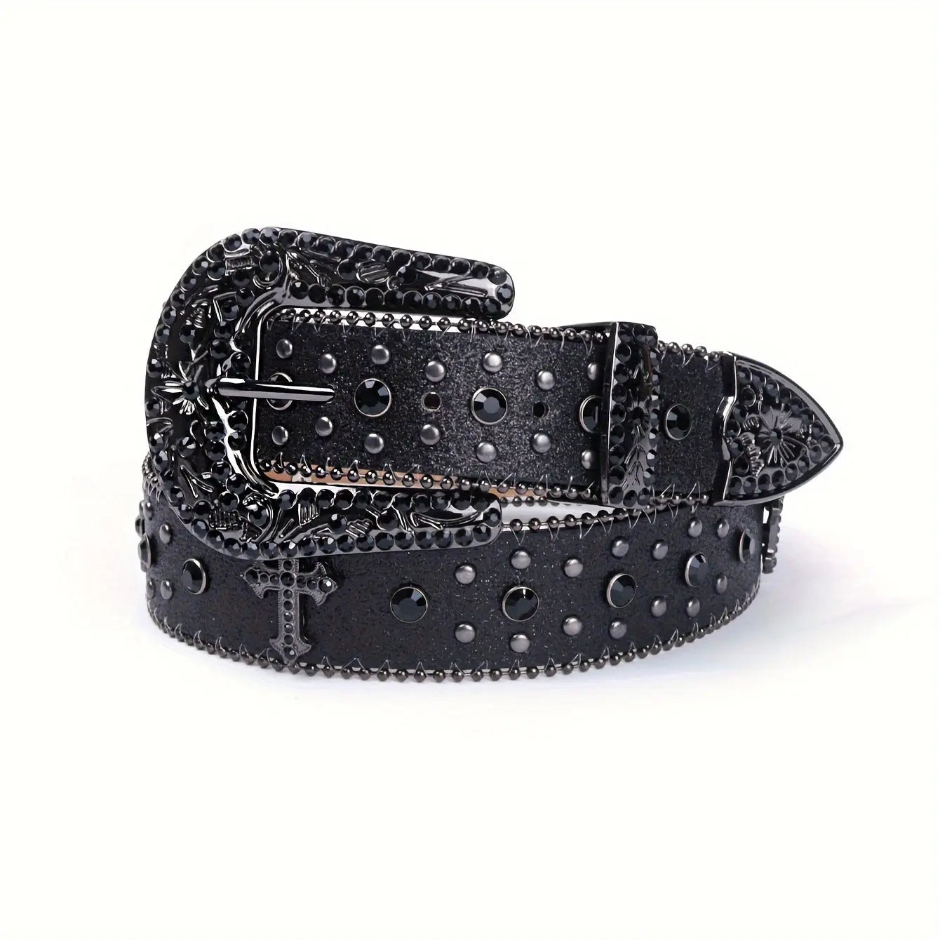 1pc Men's Rhinestone PU Leather Belt, Fashion Western Cowboy Blink Nail Design, Casual And Trendy Belt For Jeans Pants Clothing Men Hominus Denim