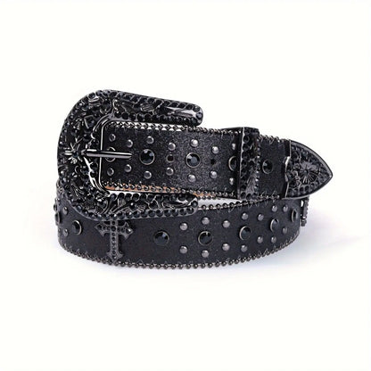 1pc Men's Rhinestone PU Leather Belt, Fashion Western Cowboy Blink Nail Design, Casual And Trendy Belt For Jeans Pants Clothing Men Hominus Denim