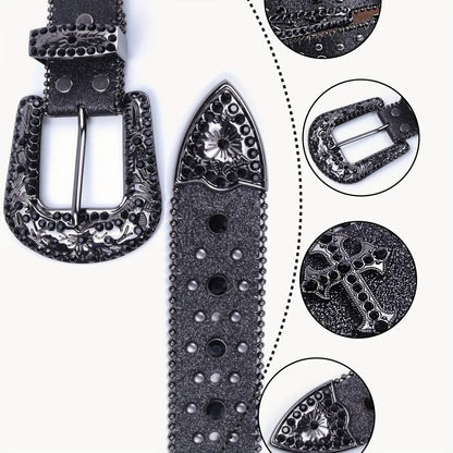 1pc Men's Rhinestone PU Leather Belt, Fashion Western Cowboy Blink Nail Design, Casual And Trendy Belt For Jeans Pants Clothing Men Hominus Denim