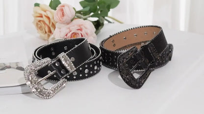 1pc Men's Rhinestone PU Leather Belt, Fashion Western Cowboy Blink Nail Design, Casual And Trendy Belt For Jeans Pants Clothing Men Hominus Denim