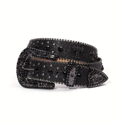 1pc Men's Rhinestone PU Leather Belt, Fashion Western Cowboy Blink Nail Design, Casual And Trendy Belt For Jeans Pants Clothing Men Hominus Denim