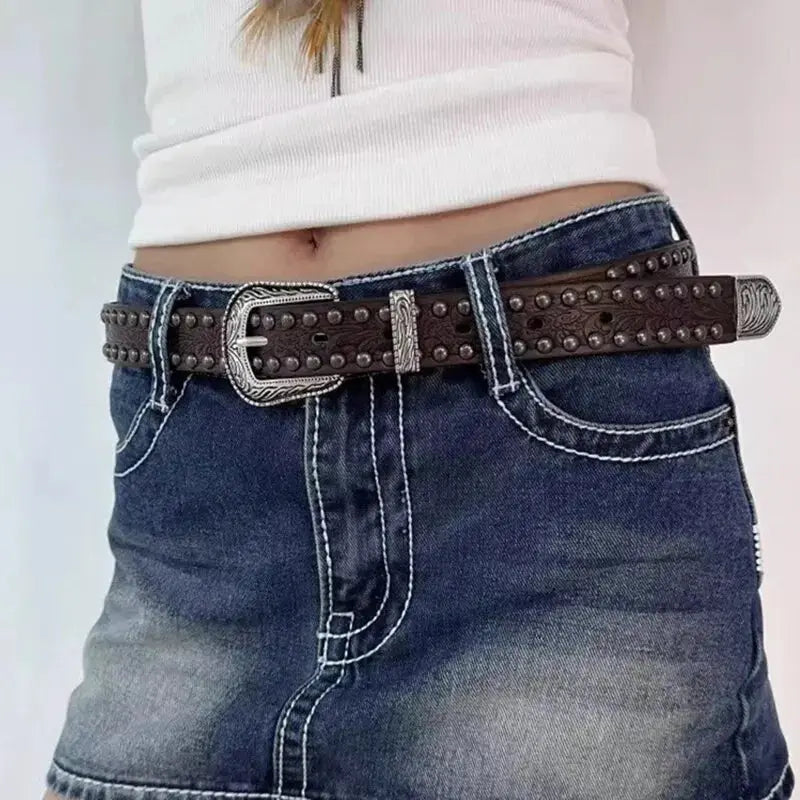 1pc Women's Retro Carved Alloy Needle Buckle Belt Men's Round Rivet Belt Punk Rock Jeans Belt PU Leather Belt For Men Women Belt Hominus Denim