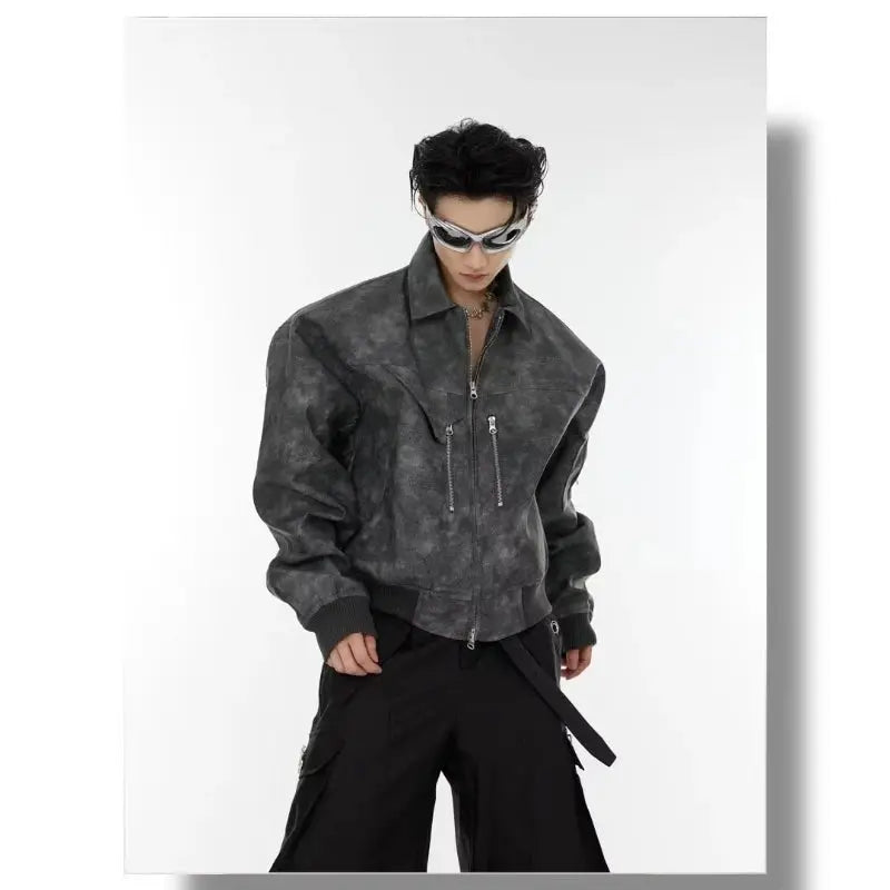 2024 Spring Mens Pu Leather Jackets Tie-dye Fashion Zipper Decoration Motorcycle Coat Harajuku Streetwear Loose Outwear Unisex Hominus Denim