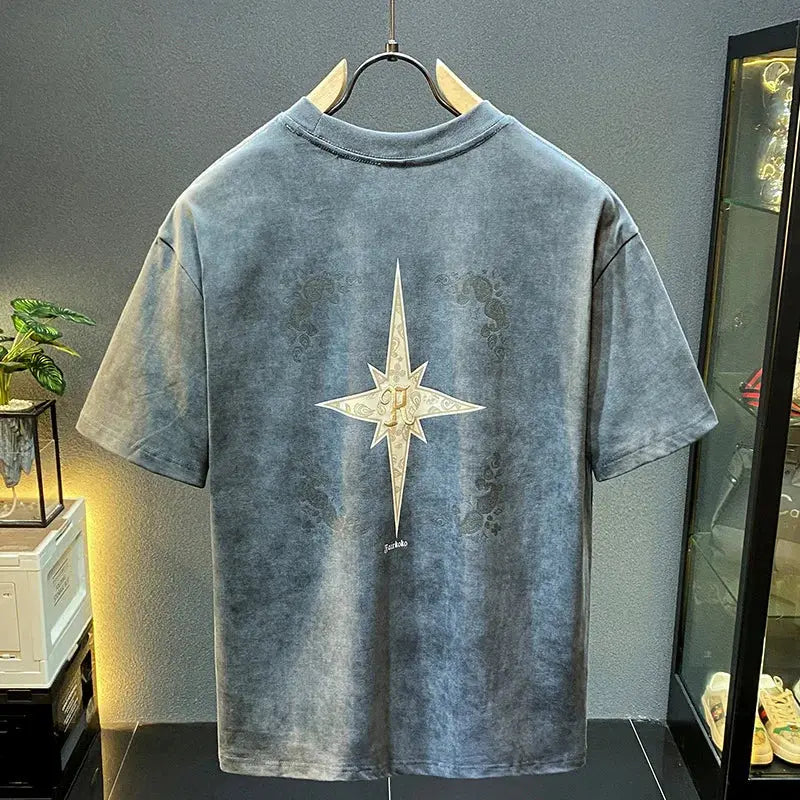 2024Summer new light luxurytt-shirt men's short-sleeved fashionable embroidered high-end loose large size casual high-density ha Hominus Denim
