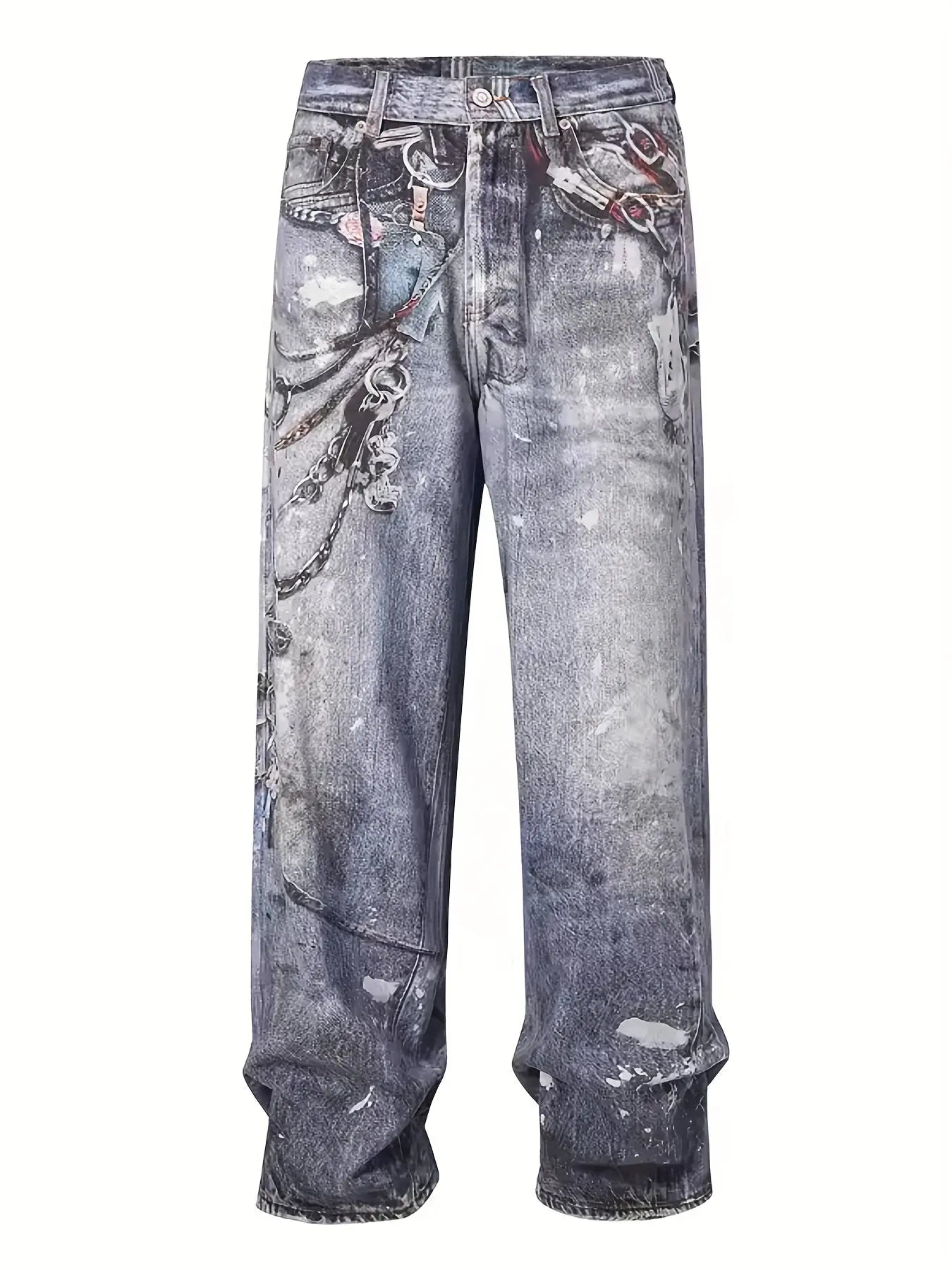 24FW 3D Printing Technology For Floral Pants With Distressed Mud Dyed Splashed Ink Baggy Loose Casual Jeans Hominus Denim