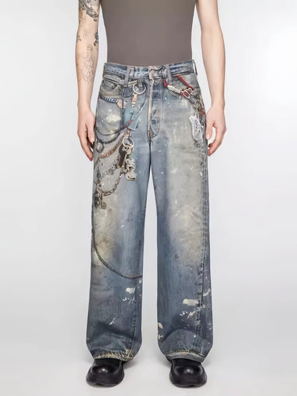 24FW 3D Printing Technology For Floral Pants With Distressed Mud Dyed Splashed Ink Baggy Loose Casual Jeans Hominus Denim