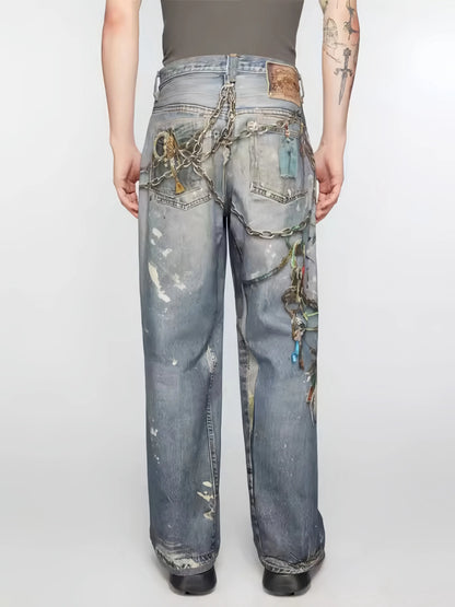 24FW 3D Printing Technology For Floral Pants With Distressed Mud Dyed Splashed Ink Baggy Loose Casual Jeans Hominus Denim