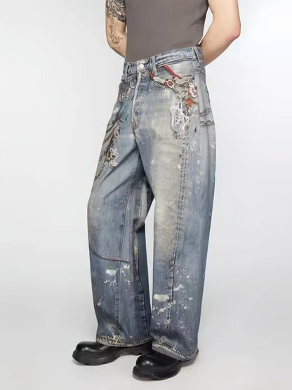 24FW 3D Printing Technology For Floral Pants With Distressed Mud Dyed Splashed Ink Baggy Loose Casual Jeans Hominus Denim