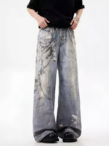 24FW 3D Printing Technology For Floral Pants With Distressed Mud Dyed Splashed Ink Baggy Loose Casual Jeans Hominus Denim