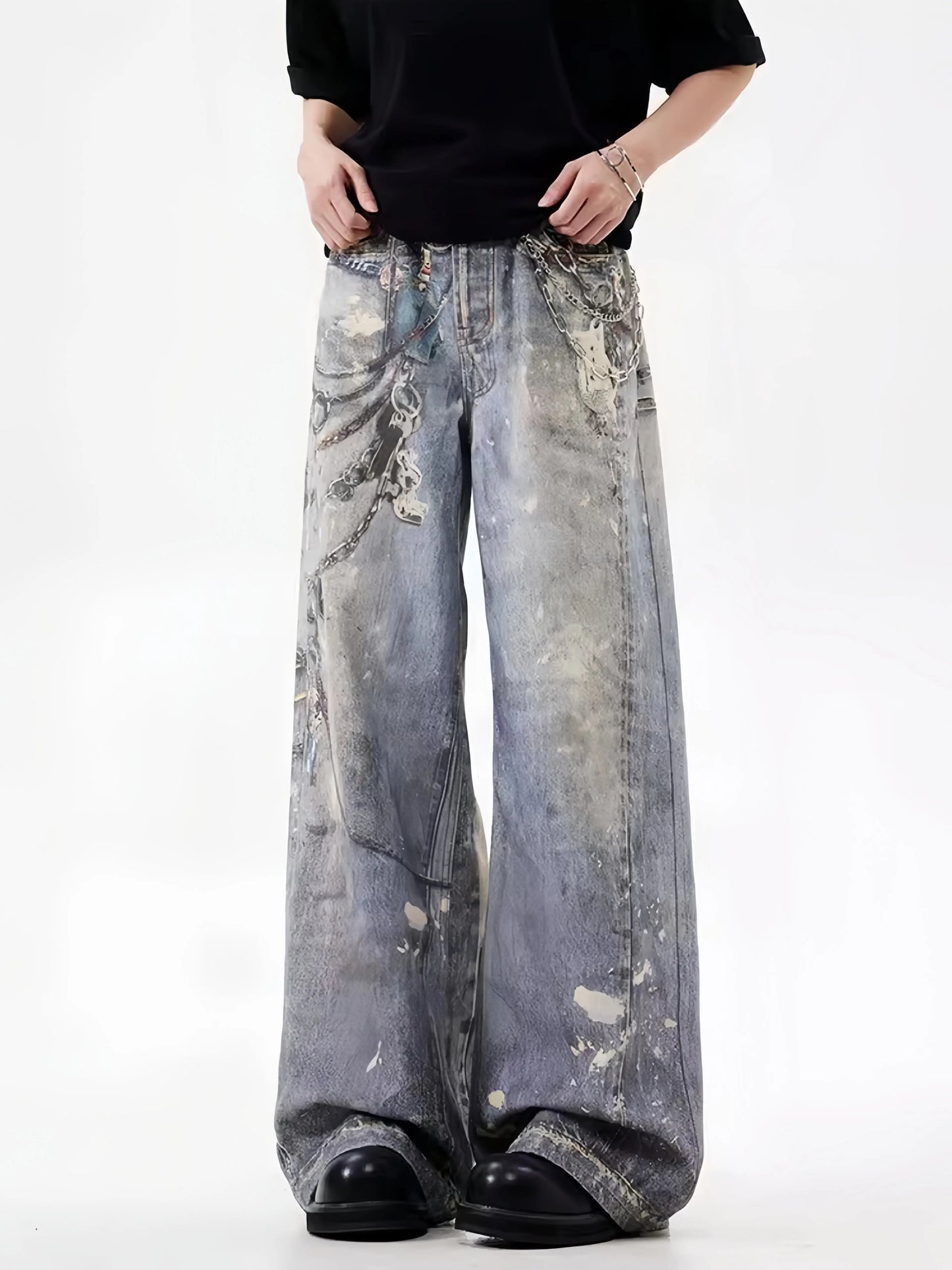 24FW 3D Printing Technology For Floral Pants With Distressed Mud Dyed Splashed Ink Baggy Loose Casual Jeans Hominus Denim