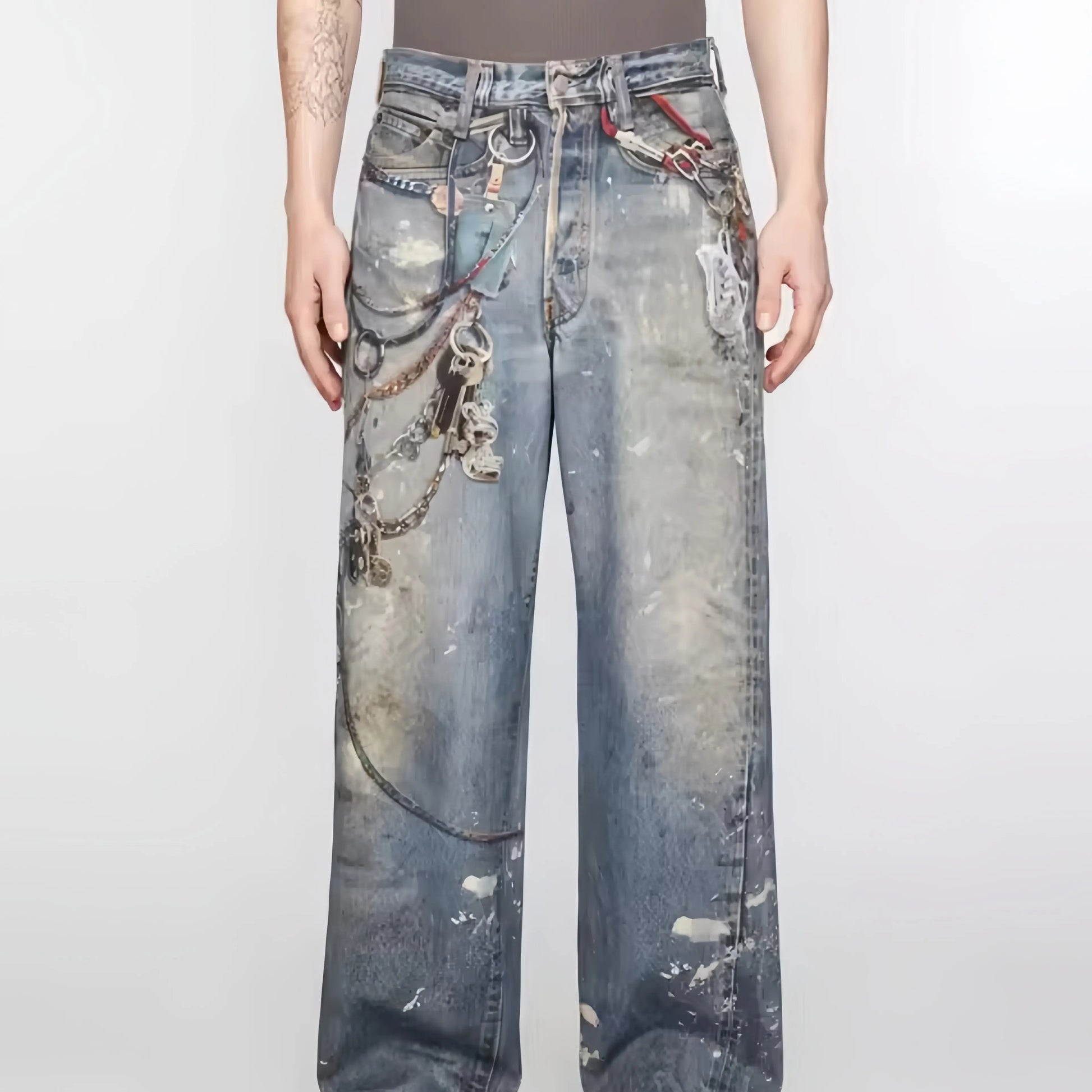 24FW 3D Printing Technology For Floral Pants With Distressed Mud Dyed Splashed Ink Baggy Loose Casual Jeans Hominus Denim