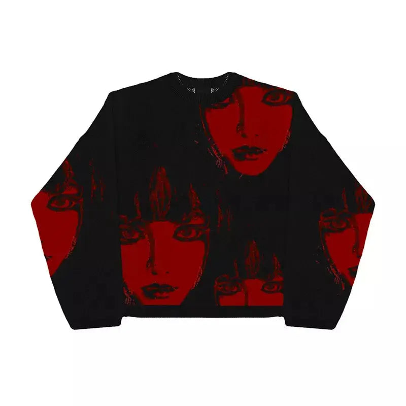 All Over Red Gothic Girl Print Knitted Sweater