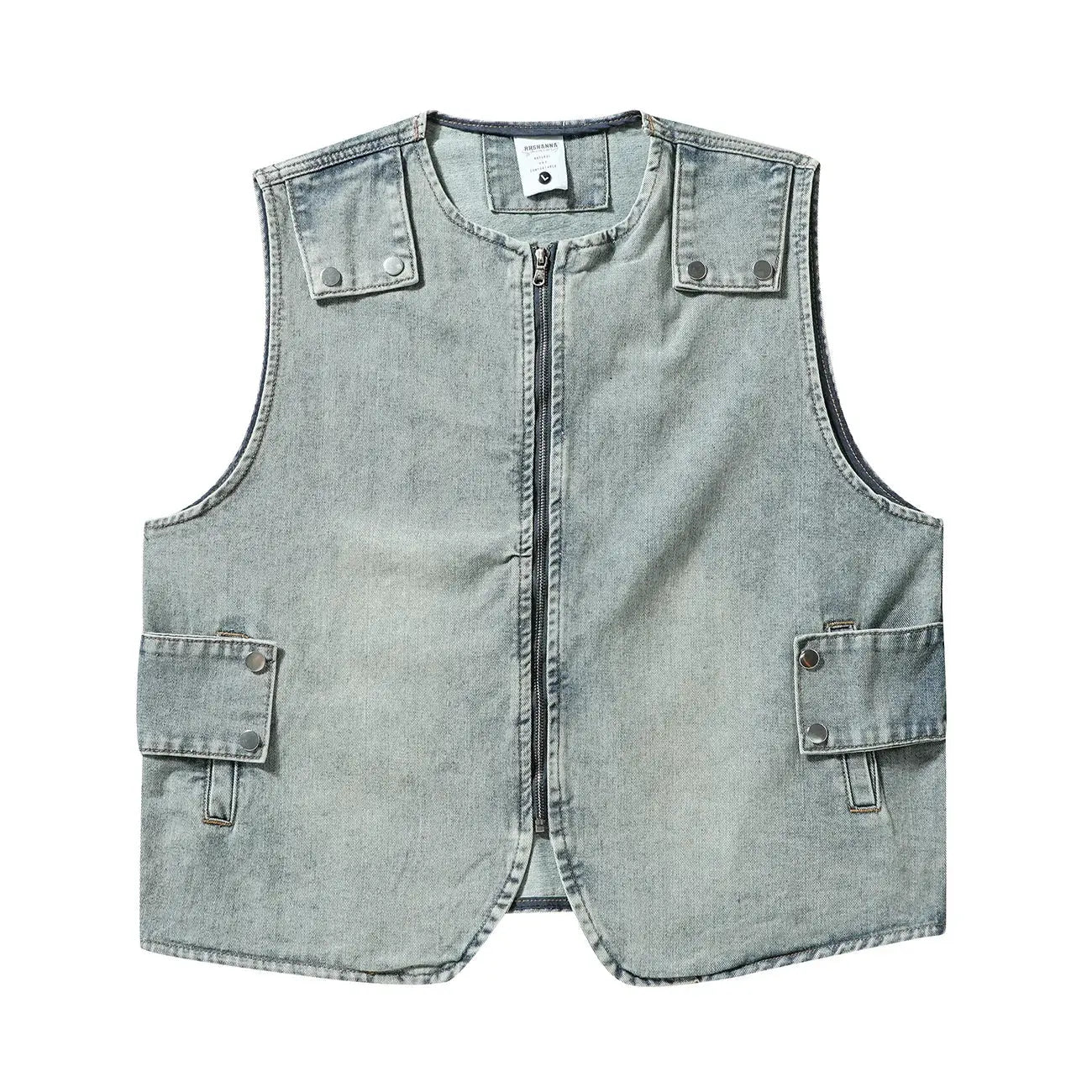 American Original Trendy Functional Denim Cargo Vest Washed Distressed Dark Vintage Round Neck Zipper Up Jeans Vests Couple Hominus Denim