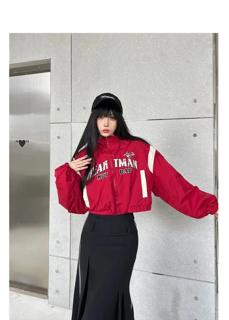 American Retro Spice Girls Tide Brand Short Trench Coat Women Y2K High Waist Motorcycle Wind Red High Street Baseball Uniform Hominus Denim