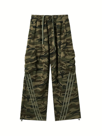 JHYQ Men's Camouflage Striped Sports Pants, Loose Fit Straight Leg, Casual Wide Leg, Regular Length, Cotton Knit, Street Style, Elastic Fabric, Drawstring, Spring/Autumn Season, Adult Casual Outwear Hominus Denim