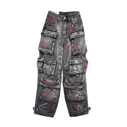 Baggy Punk Print Letter Multi Pockets Cargo Jean Hominus Denim