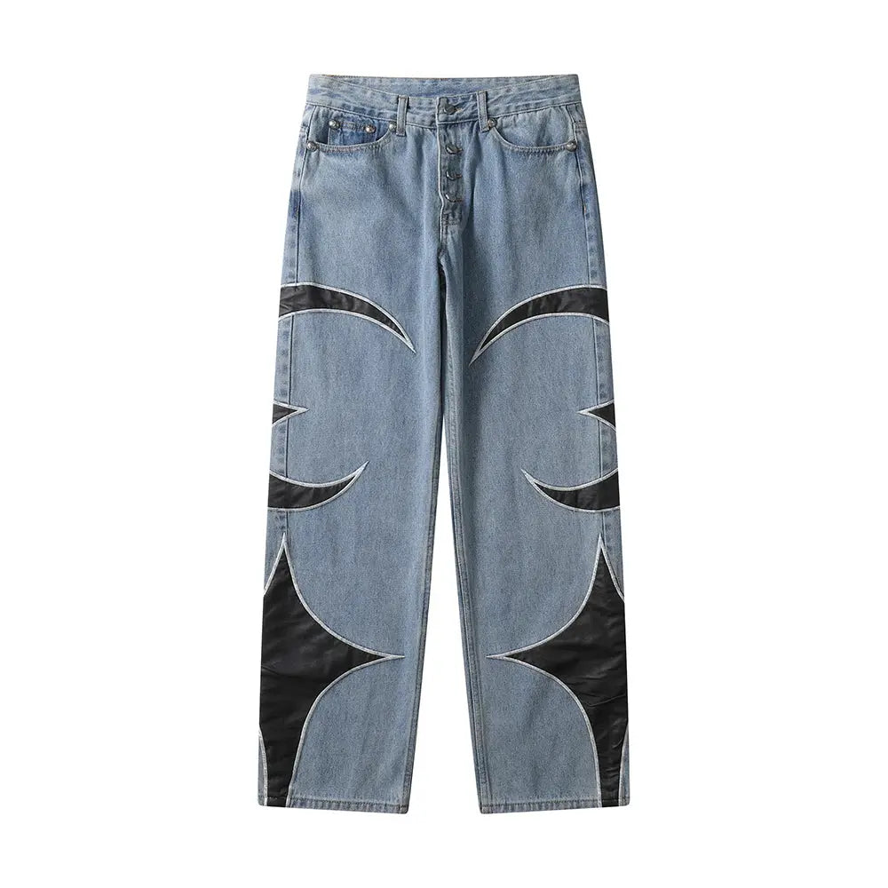 Baggy Y2K Moon Embroidered Leather Patchwork Jean