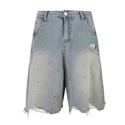 Beading Denim Shorts Mens Raw Edge Washed Distressed Summer High Street Loose Wide Leg Short Jeans Men Hominus Denim