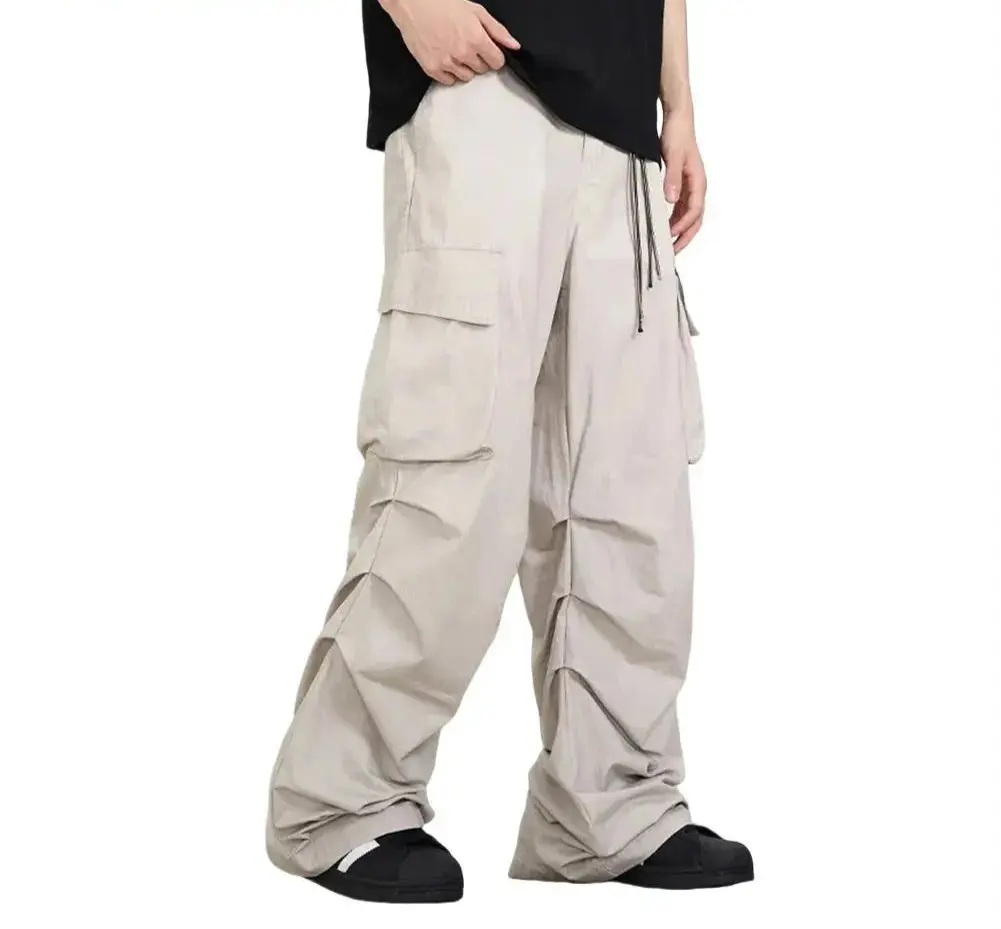 Beige Pocket Pleated Cargo Wide Leg Pant Hominus Denim