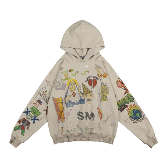 Beige Washed Graffiti Grunge Hoodie Hominus Denim