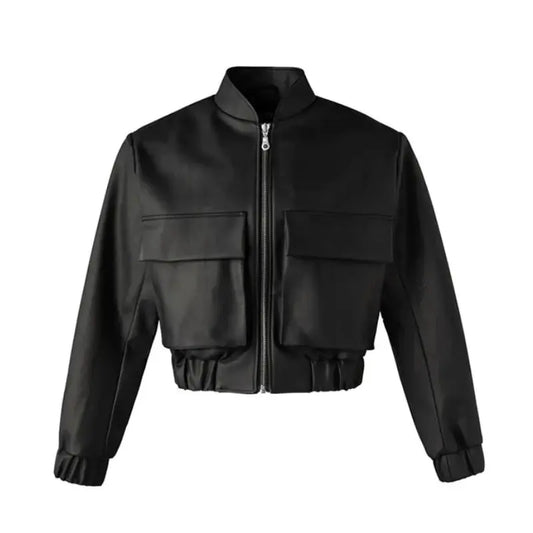 Black Cropped Loose Leather Bomber Jacket