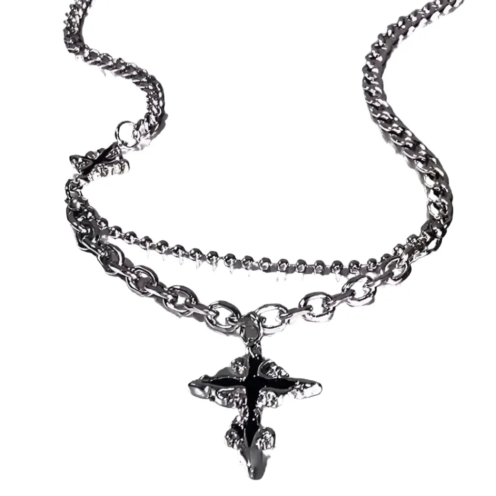 Black Cross Double Layer Splicing Chain Necklace Hominus Denim