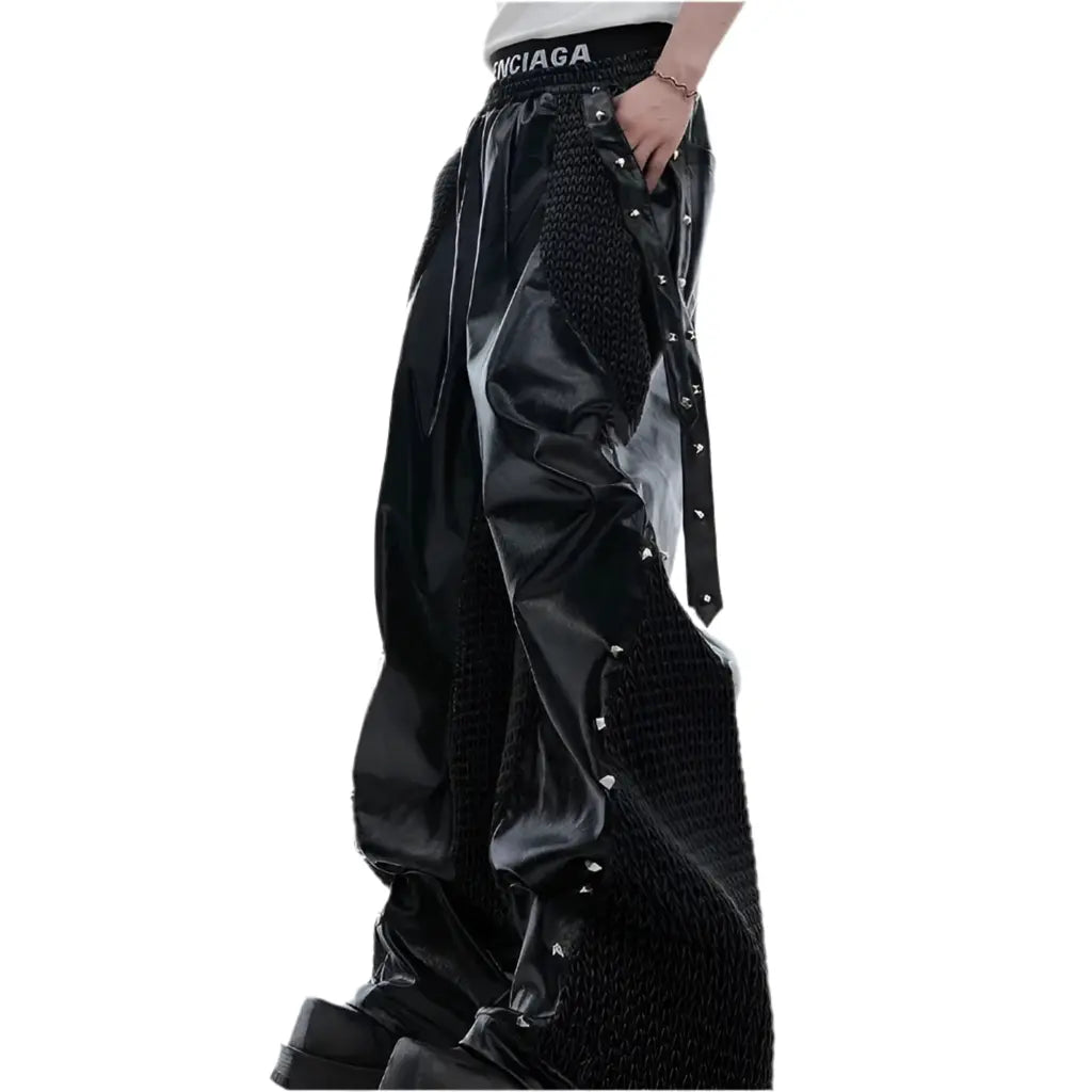 Black Deconstructed Metal Rivet Leather Pant Hominus Denim