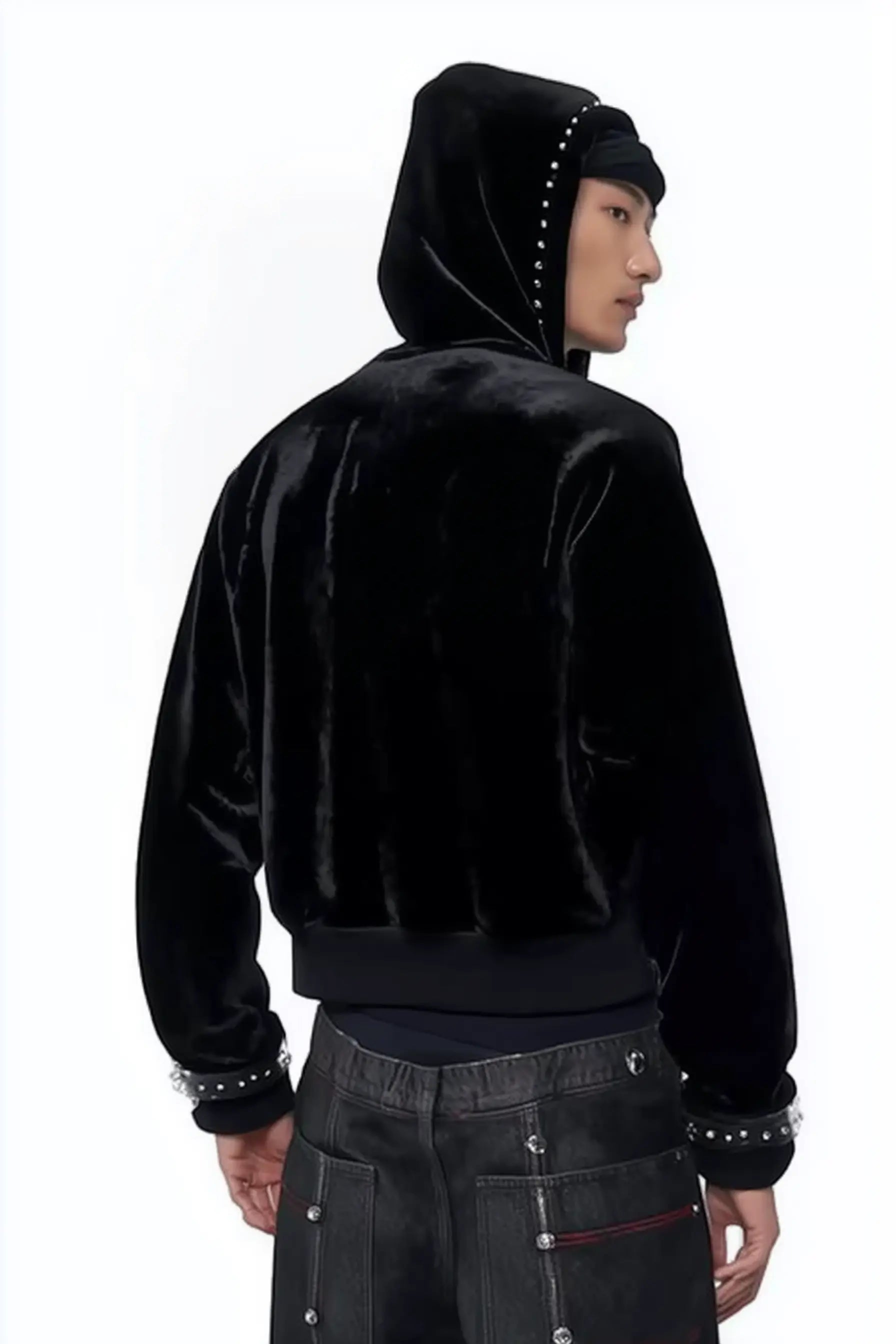 Black Metal Rivet Velvet Zip Hoodie Hominus Denim