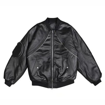 Black Oversized Leather Motorcycle Bomber Jacket
