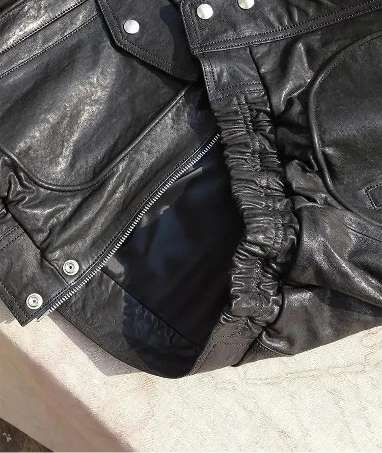 Black Oversized Vintage Double Zipper Leather Jacket Hominus Denim