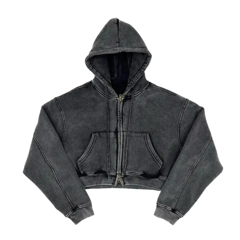 Black Retro Washed Cropped Zip Hoodie Hominus Denim