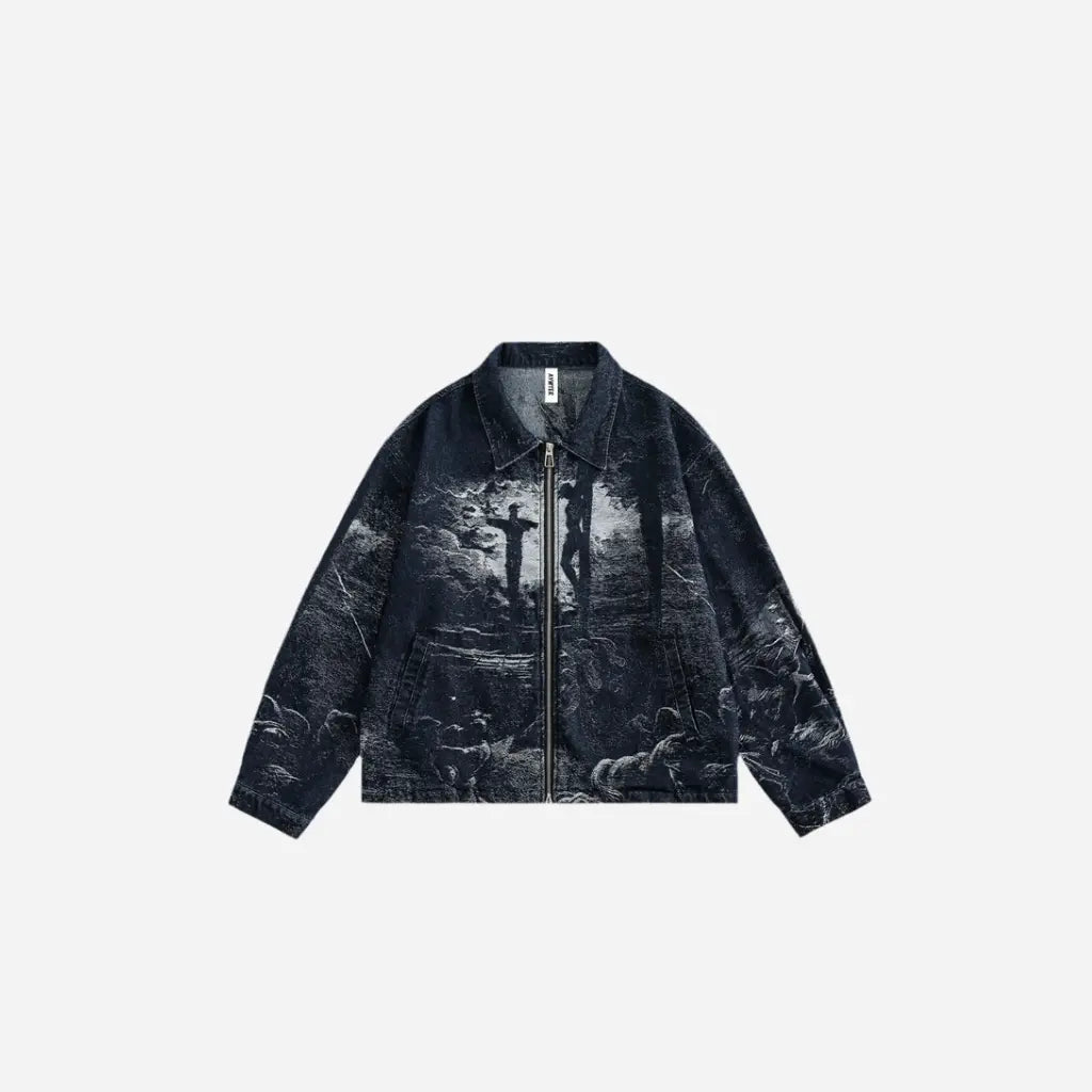 Black Vintage Gothic Printed Workwear Jacket Hominus Denim