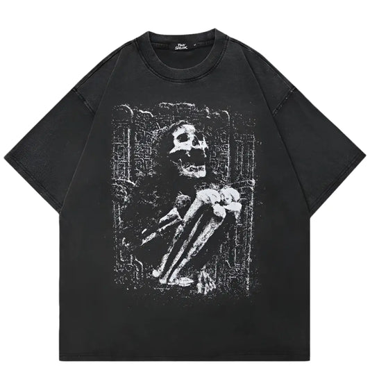 Black Vintage Skull Graphic Washed Tee Hominus Denim