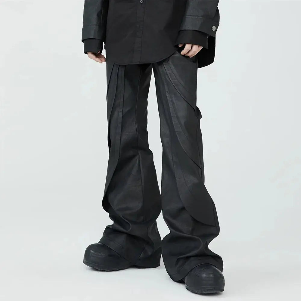 Black Wide Leg Wax Leather Baggy Casual Flared Trouser