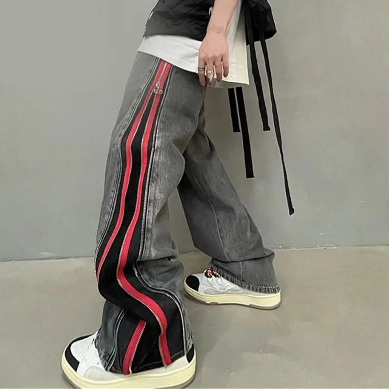 Black and Red Double Zip Wide Leg Men Baggy Pant