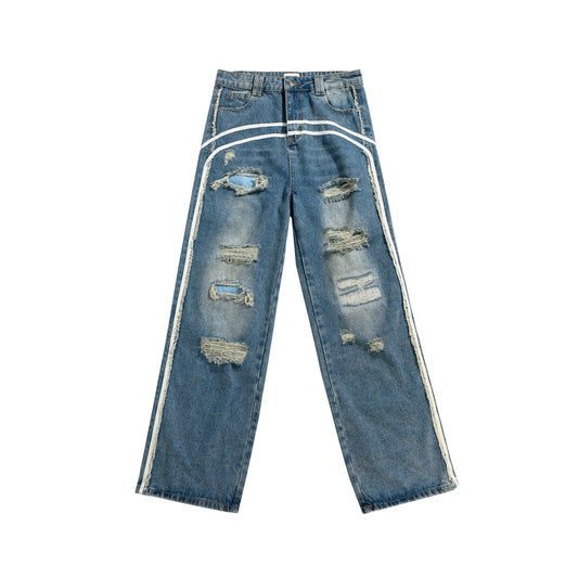 Blue Destroyed Baggy Double Stripe Jean Hominus Denim