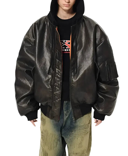Brown Oversized Distressed Detachable Leather Jacket Hominus Denim