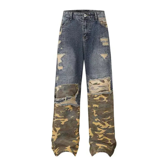 Camouflage Patchwork Jeans Pants Men Hip Hop Streetwear Washed Denim Trousers Straight Distressed Hominus Denim