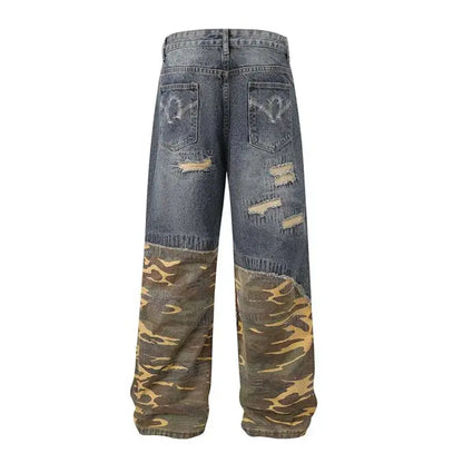 Camouflage Patchwork Jeans Pants Men Hip Hop Streetwear Washed Denim Trousers Straight Distressed Hominus Denim