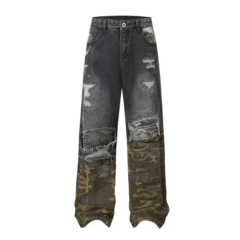 Camouflage Patchwork Jeans Pants Men Hip Hop Streetwear Washed Denim Trousers Straight Distressed Hominus Denim