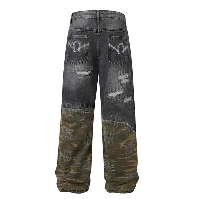 Camouflage Patchwork Jeans Pants Men Hip Hop Streetwear Washed Denim Trousers Straight Distressed Hominus Denim