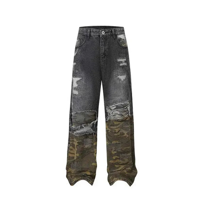 Camouflage Patchwork Jeans Pants Men Hip Hop Streetwear Washed Denim Trousers Straight Distressed Hominus Denim