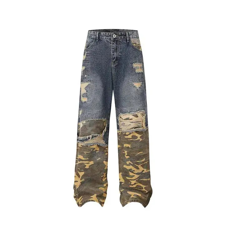 Camouflage Patchwork Jeans Pants Men Hip Hop Streetwear Washed Denim Trousers Straight Distressed Hominus Denim