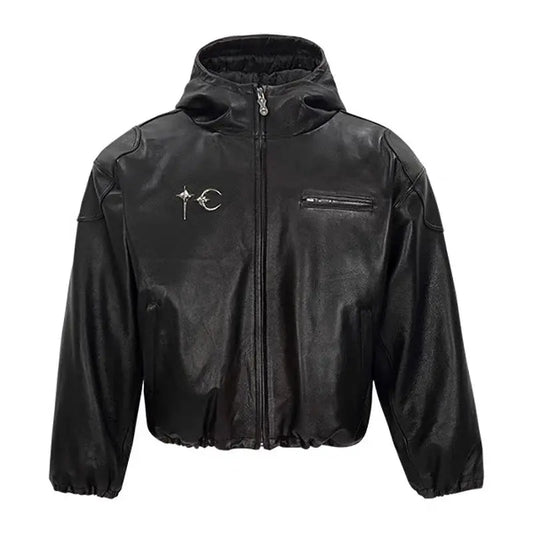 Cropped Hooded Leather Zipper Bomber Jacket