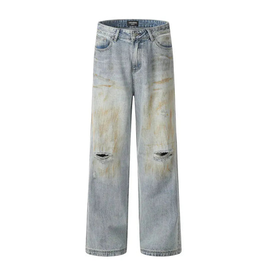 Dirty Color Beggar Jeans Mens Ripped High Street Wide Leg Washed Distressed Loose Denim Trousers Men Pants Hominus Denim