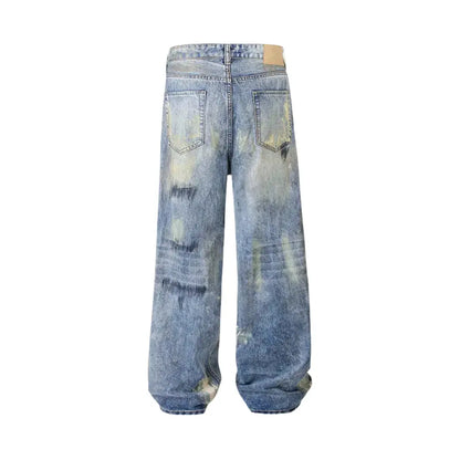 Dirty Wash Wide Leg Jeans Mens Ripped High Street Pocket Loose Denim Pants Men Trousers Hominus Denim