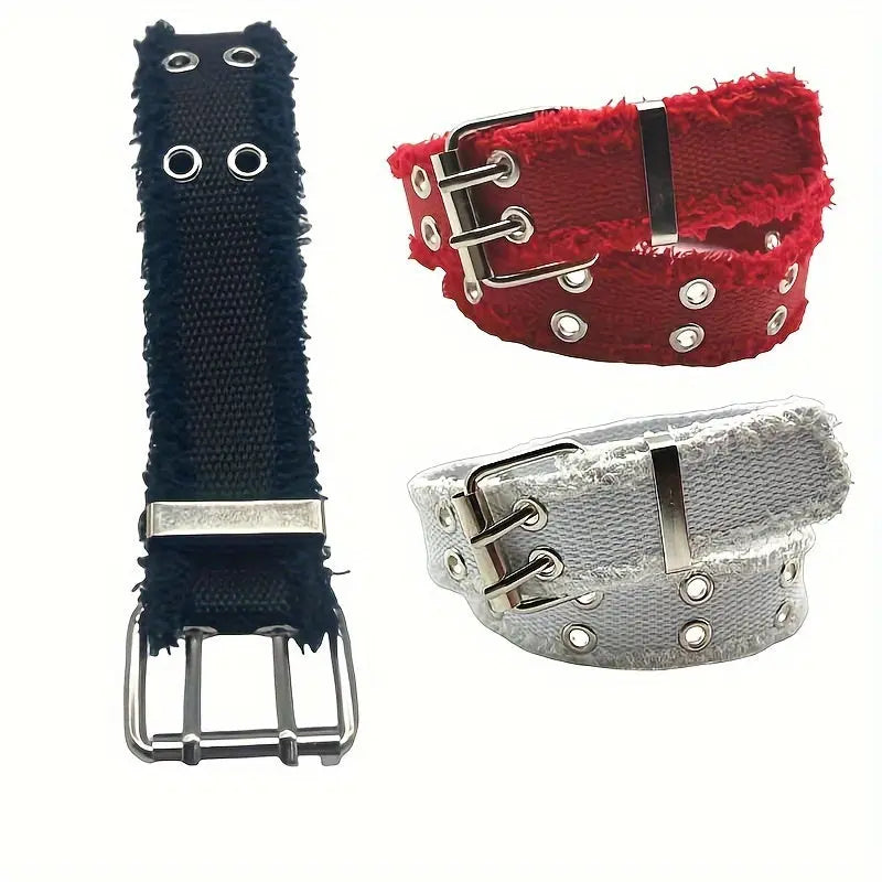 Double Buckle Woven Belt With Frayed EdgesThickened Denim Pants Trendy And Fashionable Waist Belt Hominus Denim