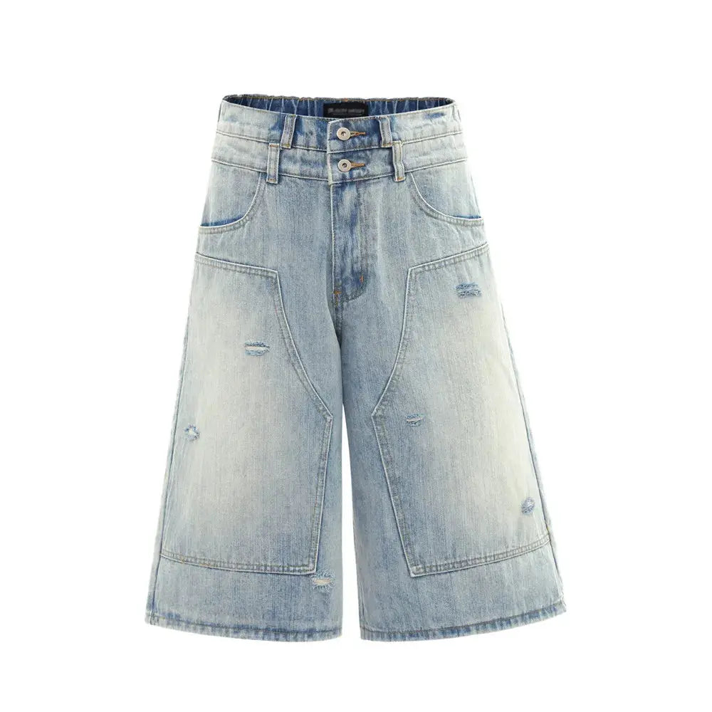 Double Knee Ripped Denim Shorts Mens Summer High Street Washed Distressed Loose Wide Leg Loose Short Jeans Men Hominus Denim