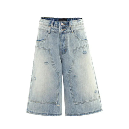 Double Knee Ripped Denim Shorts Mens Summer High Street Washed Distressed Loose Wide Leg Loose Short Jeans Men Hominus Denim